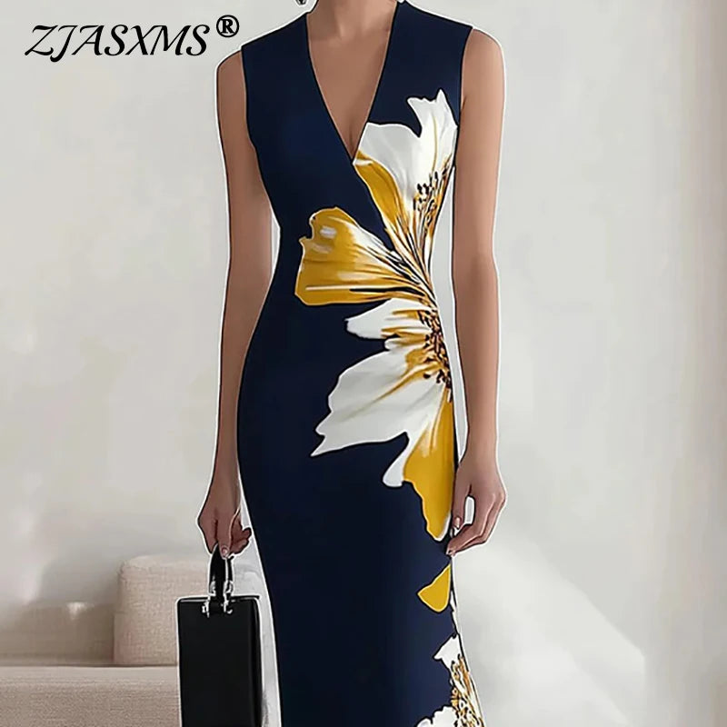 Vestido Sexy V Neck Long Party Dresses Woman Elegant Floral Print Office Maxi Dress New Spring Summer Sleeveless Chic Boho Dress