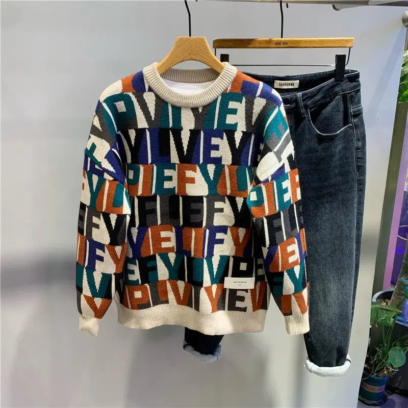 2023 New Autumn and Winter Men Fashion Letter Jacquard Pullover Knitted Sweater Trendy Contrasting Color Design Sweater