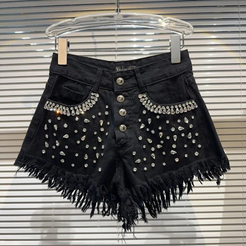 Matakawa Denim Shorts Mujer Beading Diamonds Tassels Spring Summer Women Pants Streetwear Solid Korean Fashion Pantalones Cortos