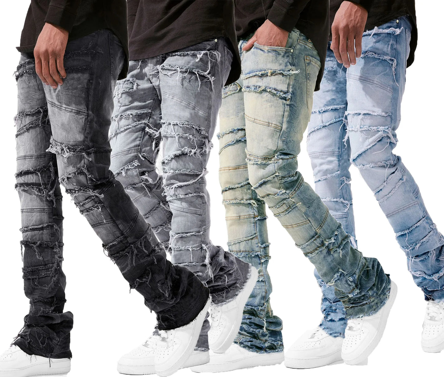 Men's Casual Distressed Jeans Tassels Patchwork Design Slim Fit Solid Color Stretch Denim Pants Straight Leg Streetwear Trousers