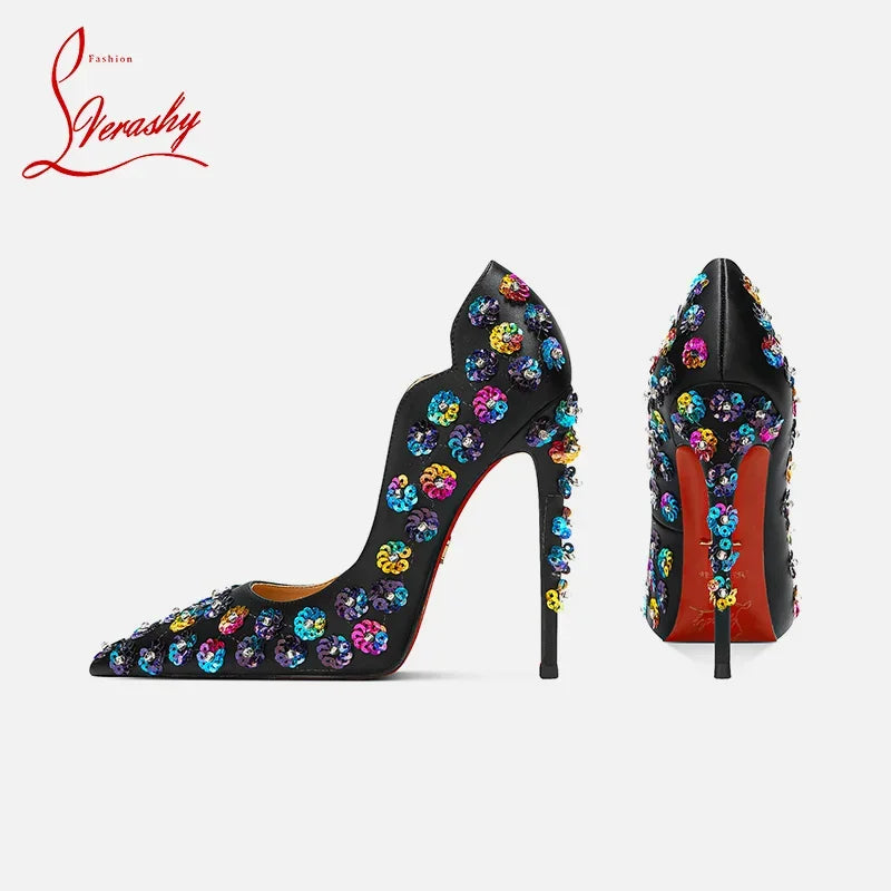 2025 Spring New High Heels Women's Embroidered Beaded Black Sexy Queen's Heel 10-12cm Pointed
