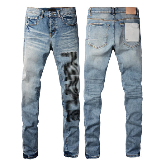 High Street Style Men's Skinny Jeans USA Quality Low Rise Blue Print Letters Fashion Repair Denim Pants Size 28-40