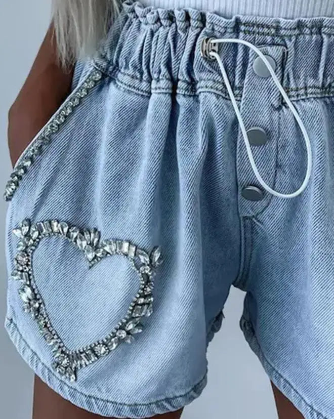 Y2K 2023 Summer New Casual Fashion Cargo Shorts Temperament Commuting Rhinestone Heart Pattern Drawstring Trending Denim Shorts