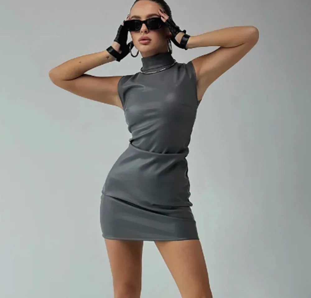 Women Faux Leather Bodycon Dress Sexy Sleeveless Mock Neck Slim Pu Leather Mini Dress Y2K Going Out Night Club Party Dress