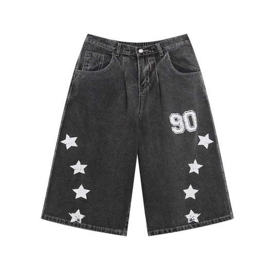 Vintage Stars Print Denim Shorts Mens Streetwear Hip Hop Punk Jeans Short Men Harajuku Baggy Cowboy Calf Length Pants Male
