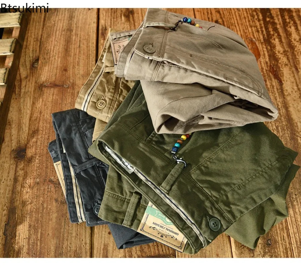 2025 Men's Cotton Vintage Cargo Pants Spring Autumn Fashion Beading Design Solid Baggy Pants Casual Streetwear Men Joggers Pants