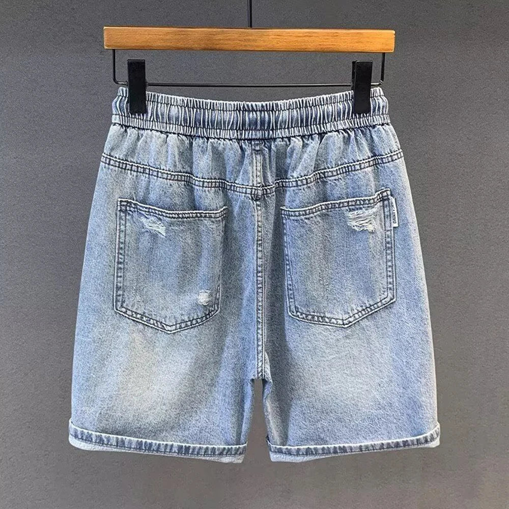 Drawstring Elastic Waist Denim Shorts Men's Washed Loose Straight Versatile Summer Mid-Length Japanese Style half Trousers