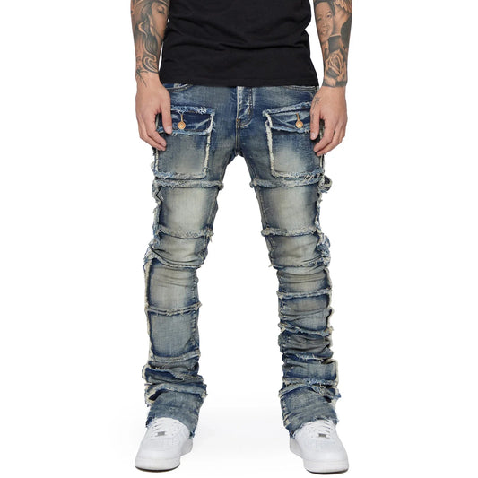 Men's Slim Fit Ripped Jeans Distressed Patchwork Stacked Straight Leg Stretch Denim Pants with Pockets Retro Streetwear