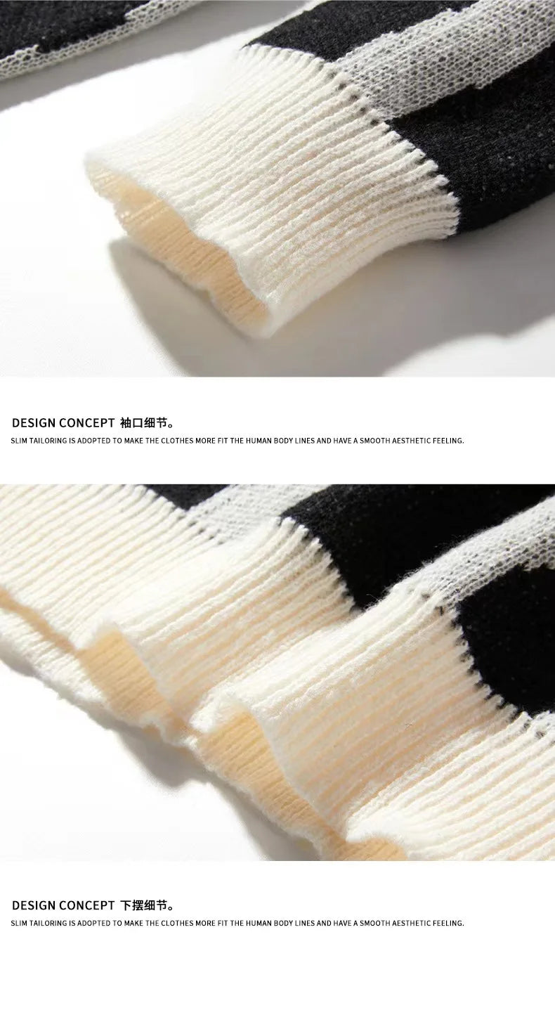 Men's autumn and winter new tide round neck sweater black and white stitching plus size sweater sweater