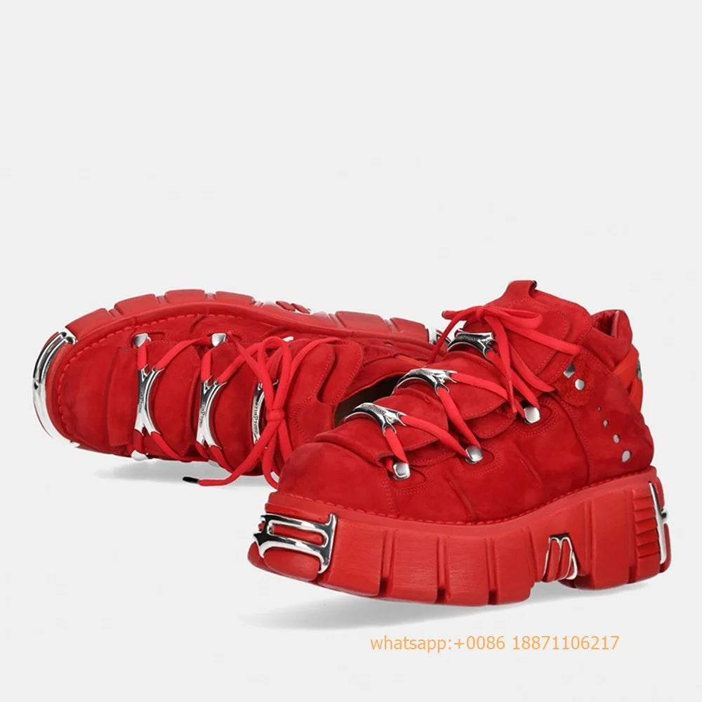 Red Metal Rivet Sports Casual Boots Fashion Women's Round Toe Lace-Up Sport Pumps 2024 New Street Rock Punk Platform Ankle Boots