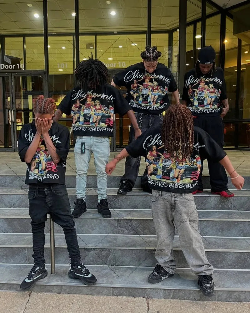 2025 American Hip-hop Oversized T-shirt Y2K Streetwear Men Casual High Street Harajuku Trendy Pure Cotton Round Neck top Women