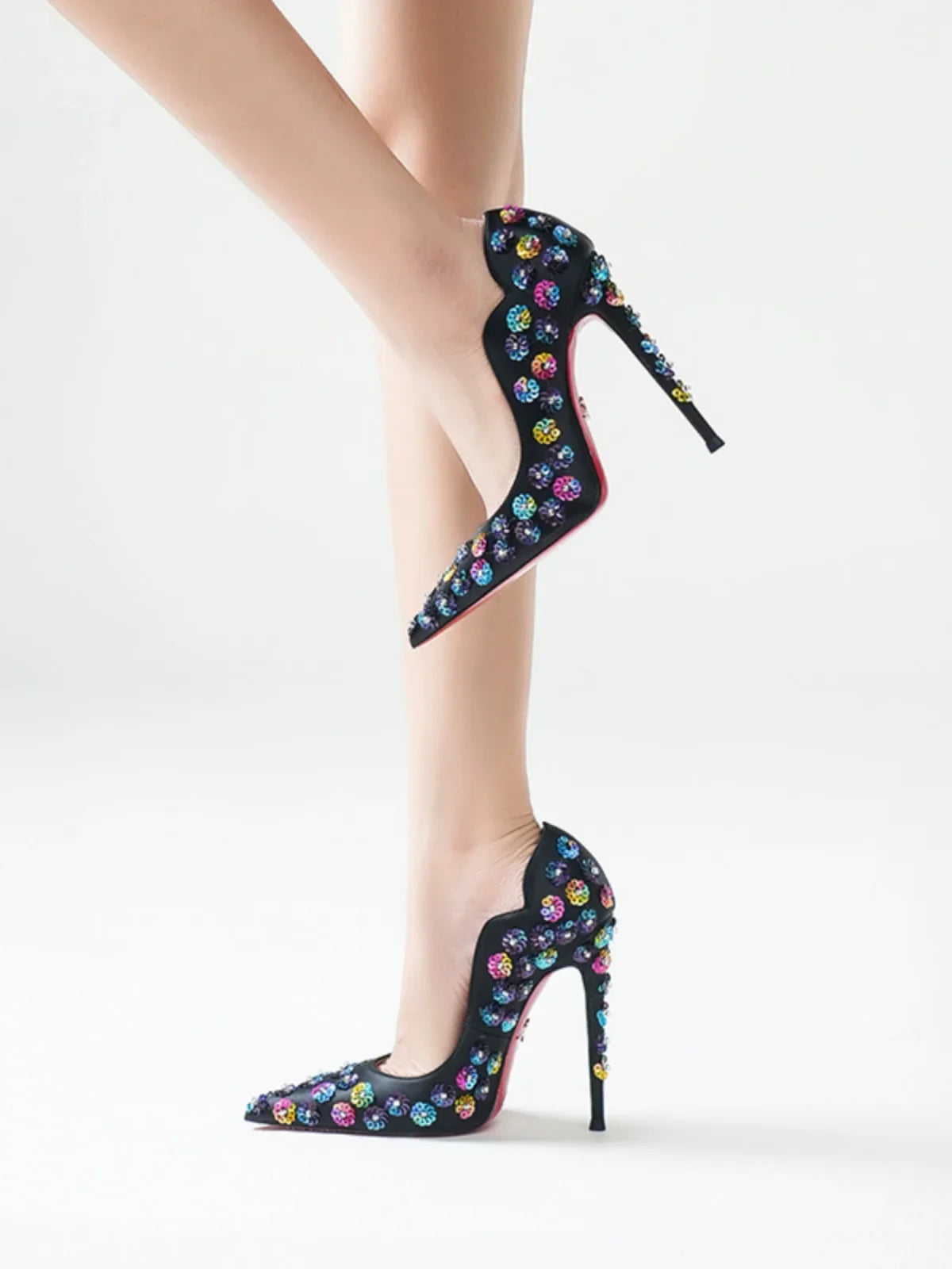 2025 Spring New High Heels Women's Embroidered Beaded Black Sexy Queen's Heel 10-12cm Pointed