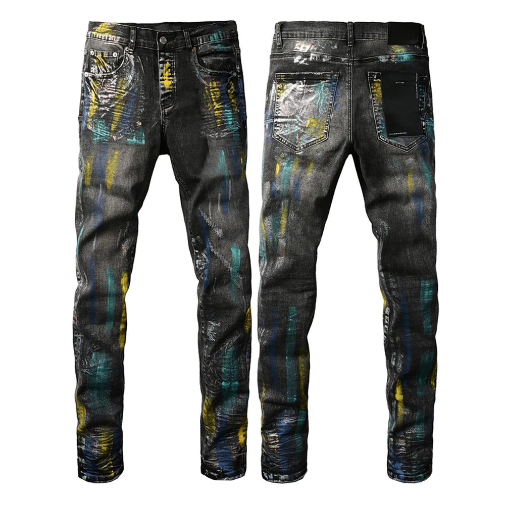 High Street Style Men's Skinny Jeans USA Quality Low Rise Blue Print Letters Fashion Repair Denim Pants Size 28-40