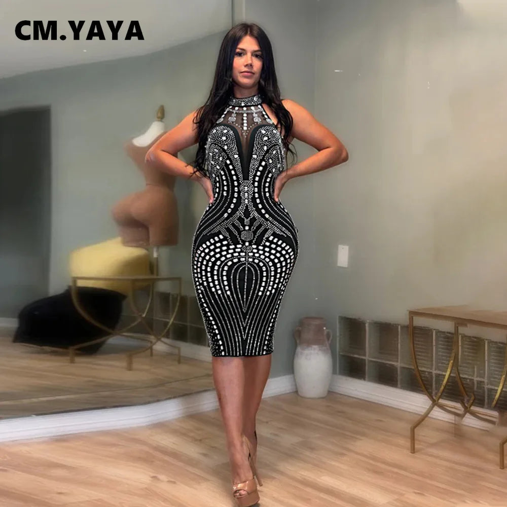 CM.YAYA Women Sleeveless Diamonds Hot Rhinestones Bodycon Midi Dress 2024 Fall Sexy Street Party Club Evening Birthday Dresses