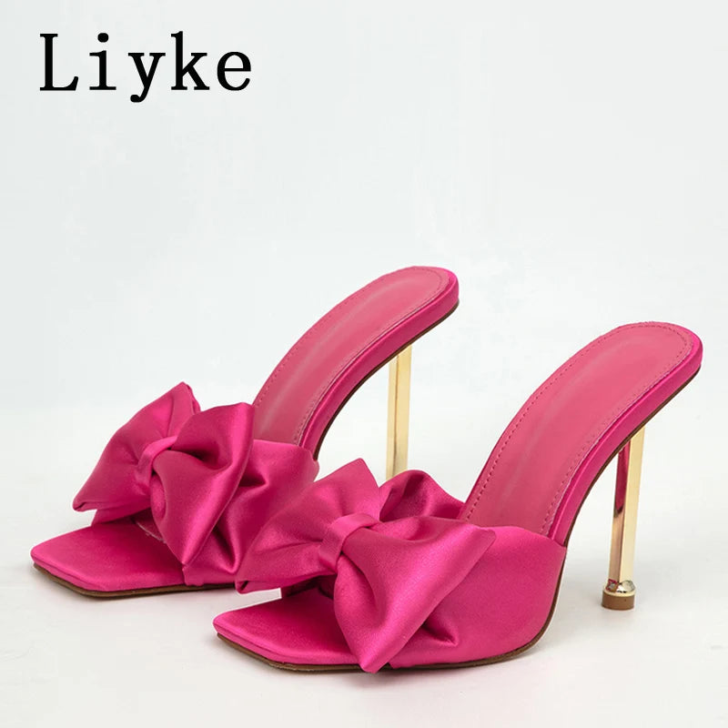 Liyke Fashion Yellow Green Silk Butterfly-Knot Women Slippers Mule High Heels Gladiator Sandals Flip Flop Square Toe Party Shoes