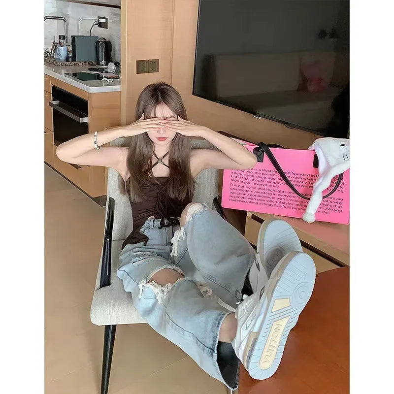 Fashionable Straight-Leg Jeans With Large Rip For Women High-Waisted Slimming Street Style Wide-Leg Trousers Summer New Arrival