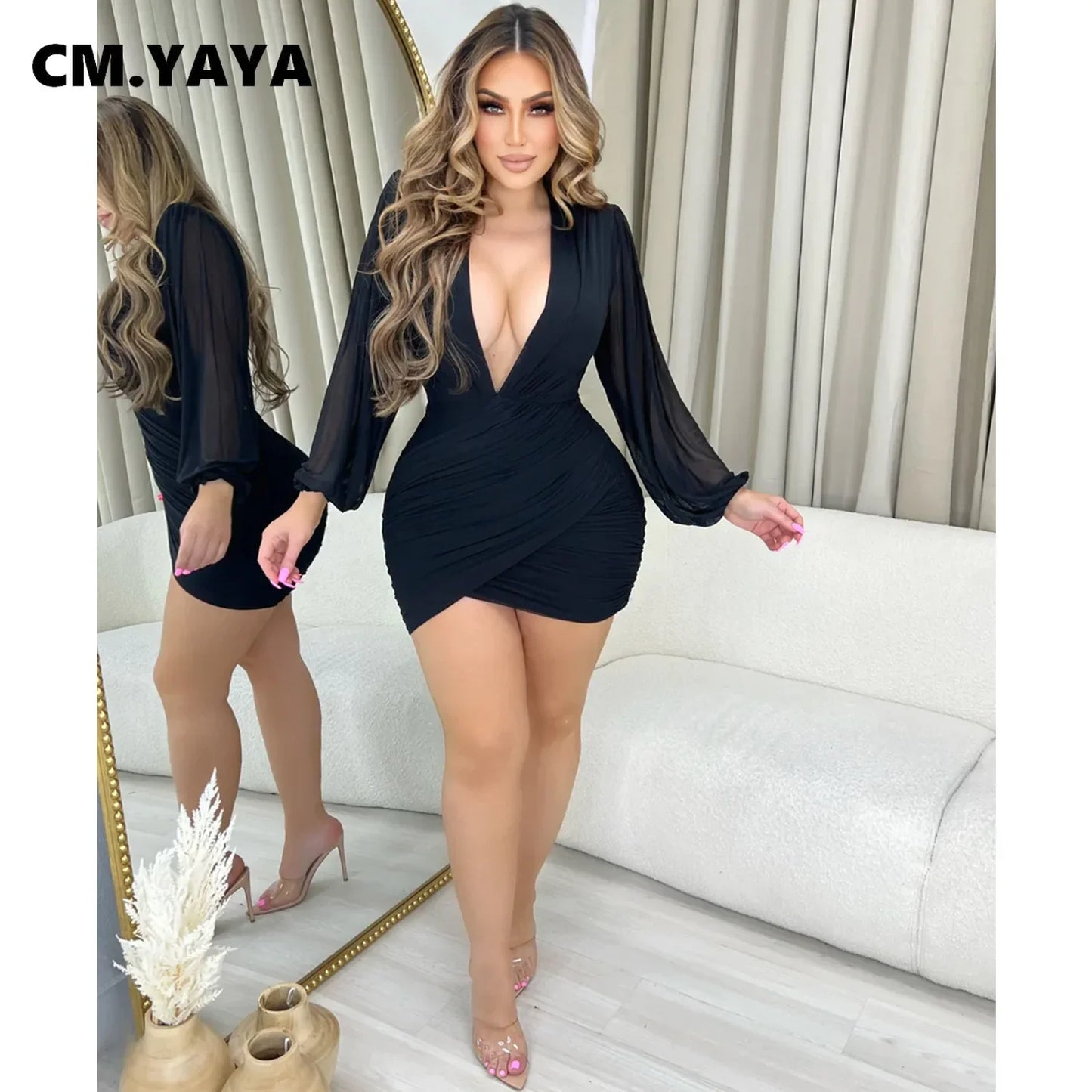 CM.YAYA Women Long Sleeve Ruched V-neck Mesh Birthday Bodycon Midi Dress 2023 Autumn Winter Evening Party Dresses Vestidos