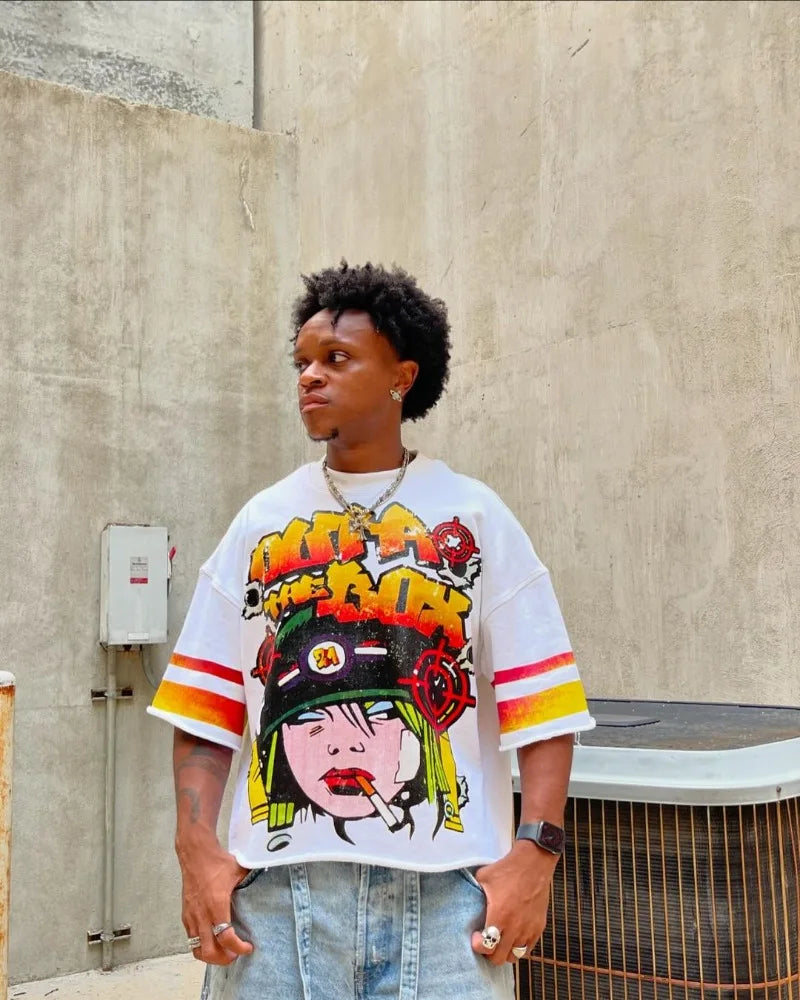 Harajuku Trendy High Street Clothing Fashion Anime Letter Print Half-sleeved Tops Men Y2k Loose Casual Oversized T-shirts Women