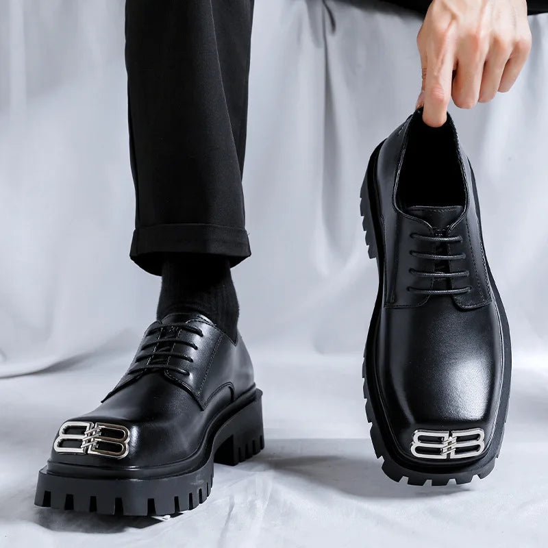 Fashion Mens Casual Leather Derby Shoes Men's Square Toe Trendy Designer Shoe Men Lace-up Thick Sole Heightened Shoes
