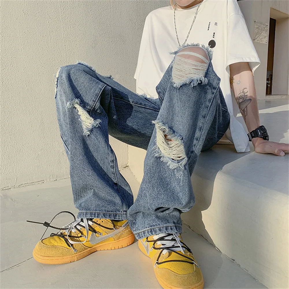 Summer Blue Black Ripped Jeans Men Fashion Casual Wide Leg Jeans Mens Streetwear Loose Hip Hop Straight Hole Denim Pants Men