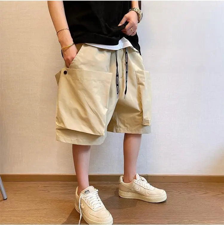 Summer Solid Pockets Large Size Shorts Men's High Street Loose Casual Workwear Five-quarter Pants Men Bottom Male Sportswear