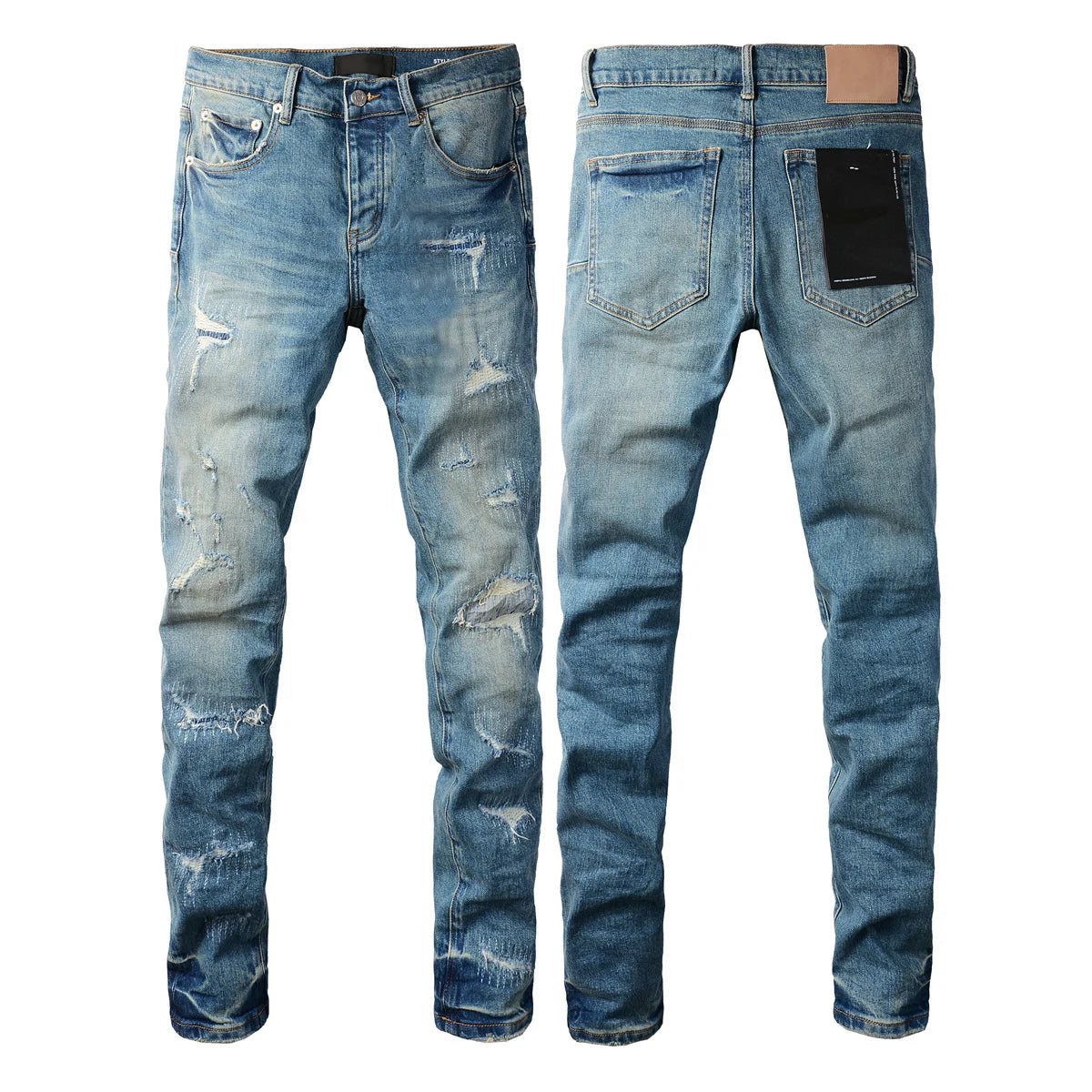 High Street Style Men's Skinny Jeans USA Quality Low Rise Blue Print Letters Fashion Repair Denim Pants Size 28-40
