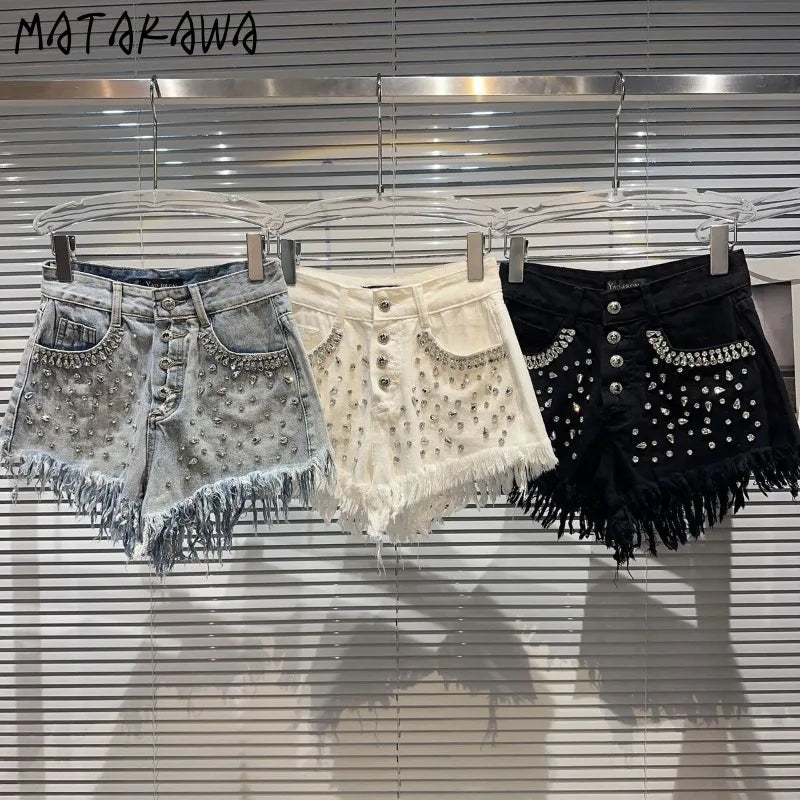 Matakawa Denim Shorts Mujer Beading Diamonds Tassels Spring Summer Women Pants Streetwear Solid Korean Fashion Pantalones Cortos