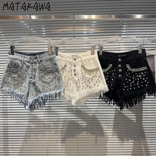 Matakawa Denim Shorts Mujer Beading Diamonds Tassels Spring Summer Women Pants Streetwear Solid Korean Fashion Pantalones Cortos