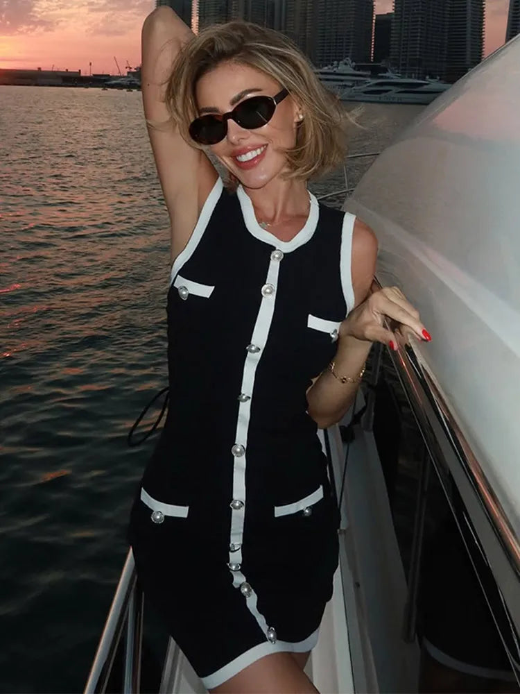 Women Sexy Black Knit Short Pants Suit Elegant Sleeveless Double Pockets Single Breasted Buckle Top 2-piece Set 2025 New Outfits