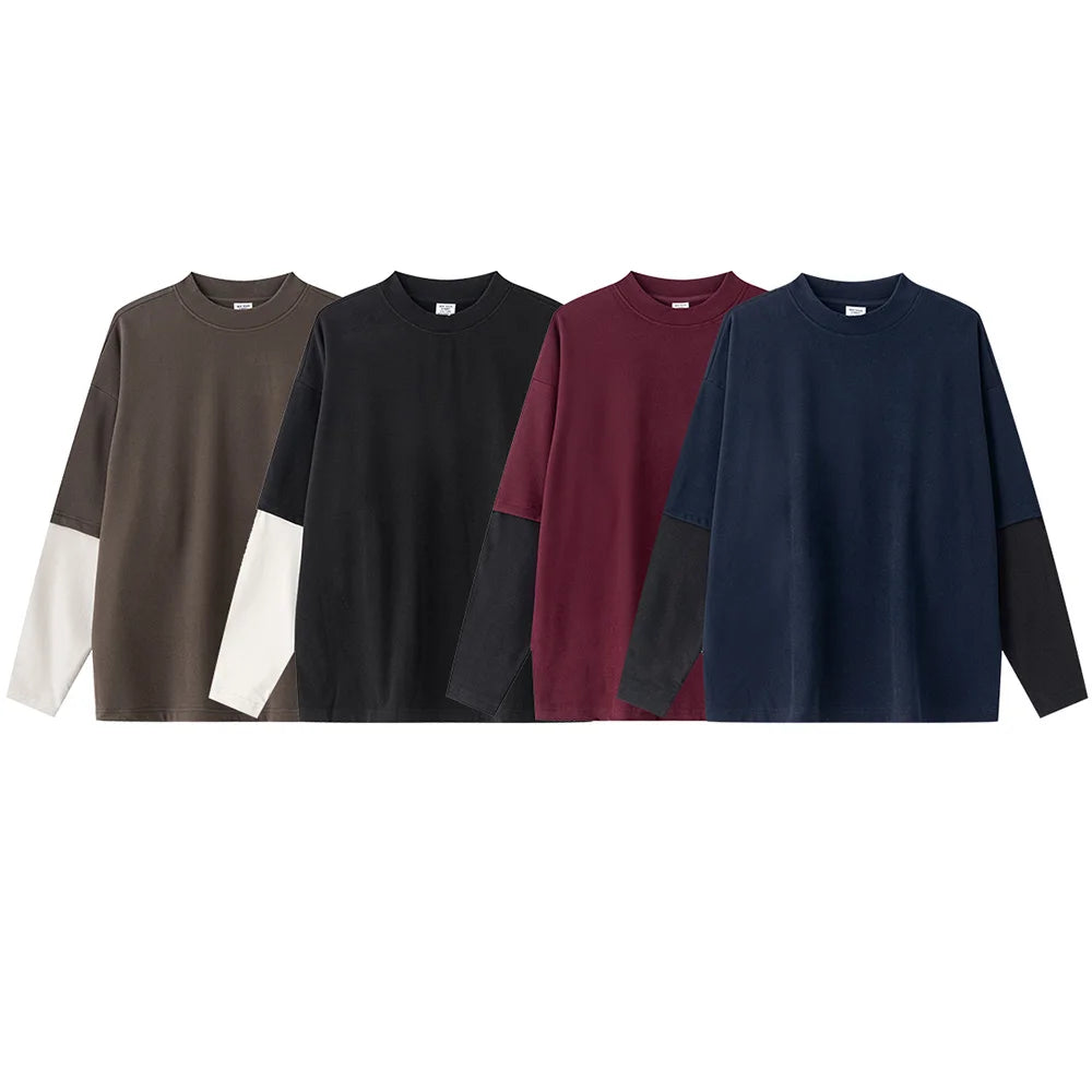 2025 Autumn Man Fake 2 Pieces 320gsm Sweatshirt Unisex Oversized Contrast Color Long Sleeve T Shirts Y2K Clothing