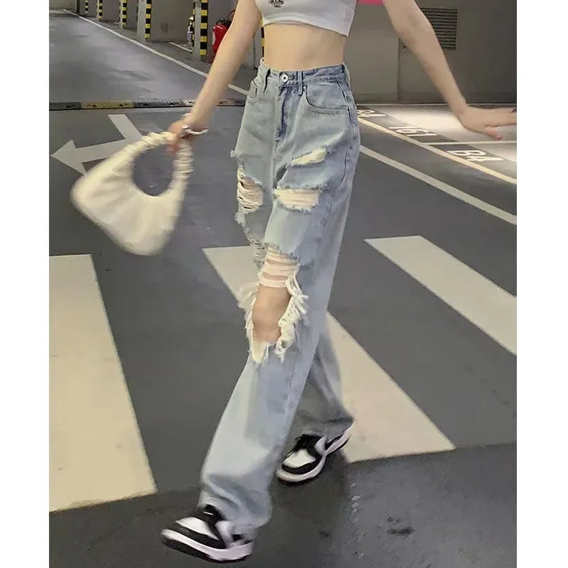Fashionable Straight-Leg Jeans With Large Rip For Women High-Waisted Slimming Street Style Wide-Leg Trousers Summer New Arrival