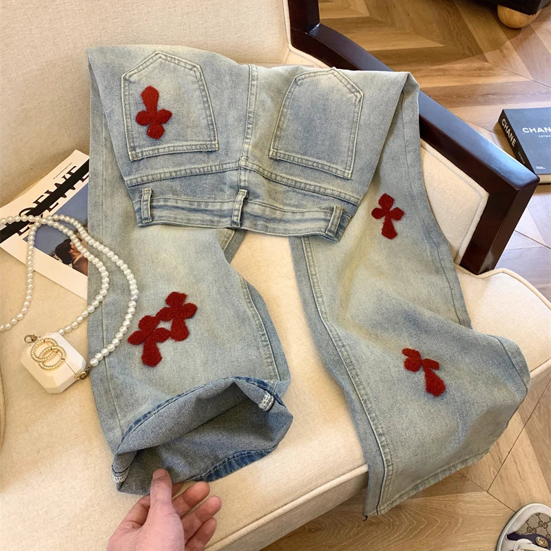 New Lady's Jeans Embroidered Pattern Women's Jeans Spring And Summer Edition Washed High Waist Wide Leg Straight Leg Floor Pants