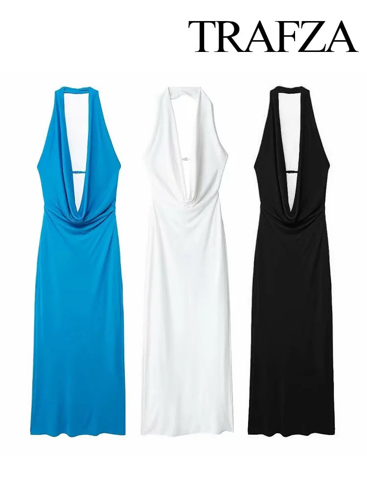 TRAFZA Female Chic Elegant Off Shoulder Folds Hanging Neck Long Dress Woman Solid Sleeveless Backless Evening Party Dresses