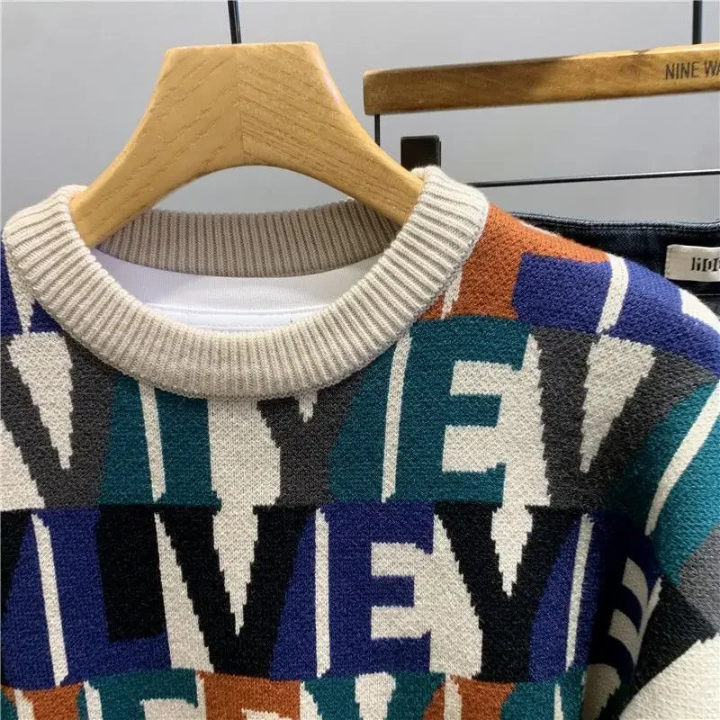 2023 New Autumn and Winter Men Fashion Letter Jacquard Pullover Knitted Sweater Trendy Contrasting Color Design Sweater