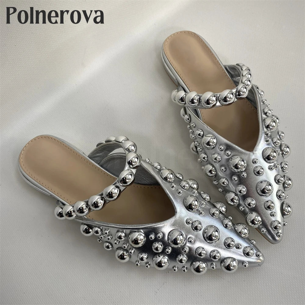 Metallic Beaded Pointed Toe Slippers Sexy Fashion Flat Slippers Custom Color Black Patent Leather Accessories Slip on Shoes New