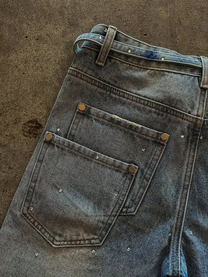 American Retro Sequined Rhinestone Denim Shorts Y2K Jeans Mens Pocket Embroidery Ribbon Washed Baggy Shorts Over The Knee Pants