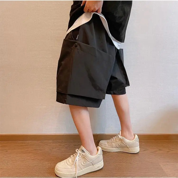 Summer Solid Pockets Large Size Shorts Men's High Street Loose Casual Workwear Five-quarter Pants Men Bottom Male Sportswear