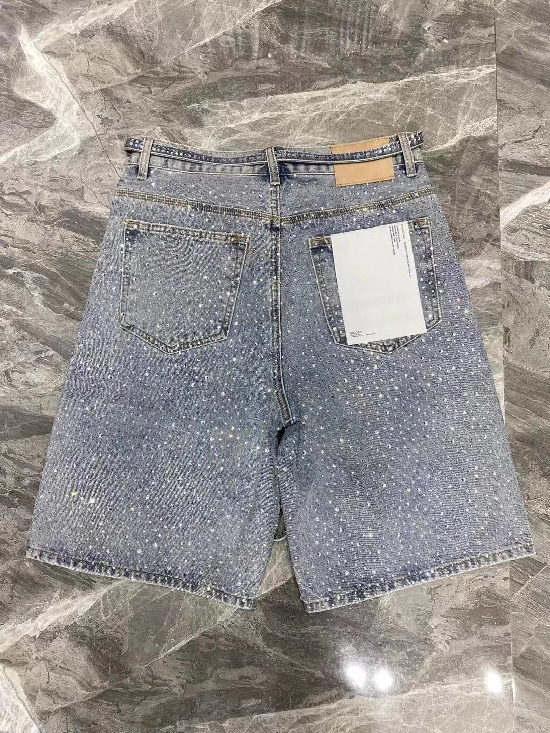 American Retro Rhinestone Sequin Denim Shorts Y2K Jeans Men Women Retro Ribbon Washed Baggy Shorts Low Waist Over The Knee Pants