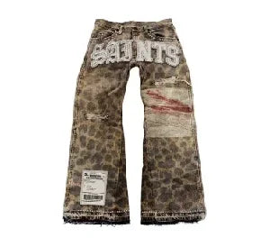 European and American personalized leopard print letter patch straight jeans summer retro punk trendy casual skateboard pants