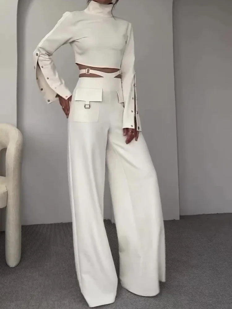 Women Pant Set Work Two Piece Sets Turtleneck Full Sleeve Tops Sexy Wide Leg Long Pants Loose Casual Elegant Matching Sets