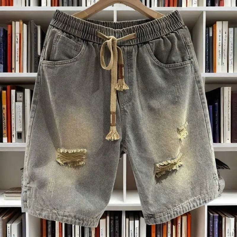 Men's Ripped Denim Shorts American High Street Loose Straight Washed Old Retro Versatile Casual Five-point Pants Jorts Man