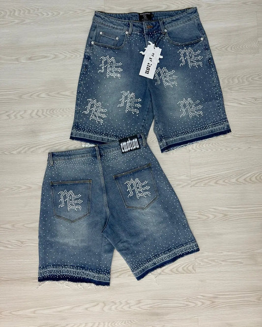 Retro Lettering Rhinestone Sequin Denim Shorts Y2K Jeans Men Women Hip Hop Vintage Washed Blue Baggy Shorts Over The Knee Pants