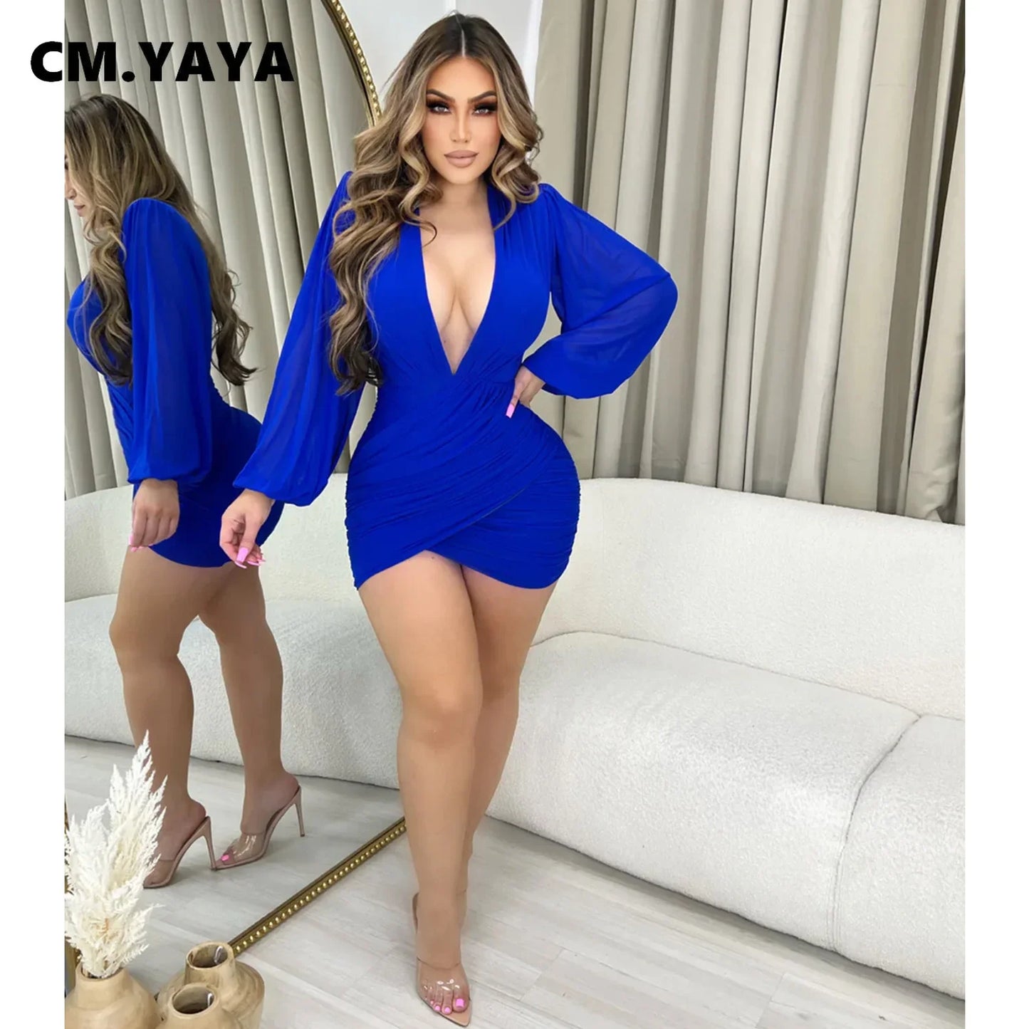 CM.YAYA Women Long Sleeve Ruched V-neck Mesh Birthday Bodycon Midi Dress 2023 Autumn Winter Evening Party Dresses Vestidos