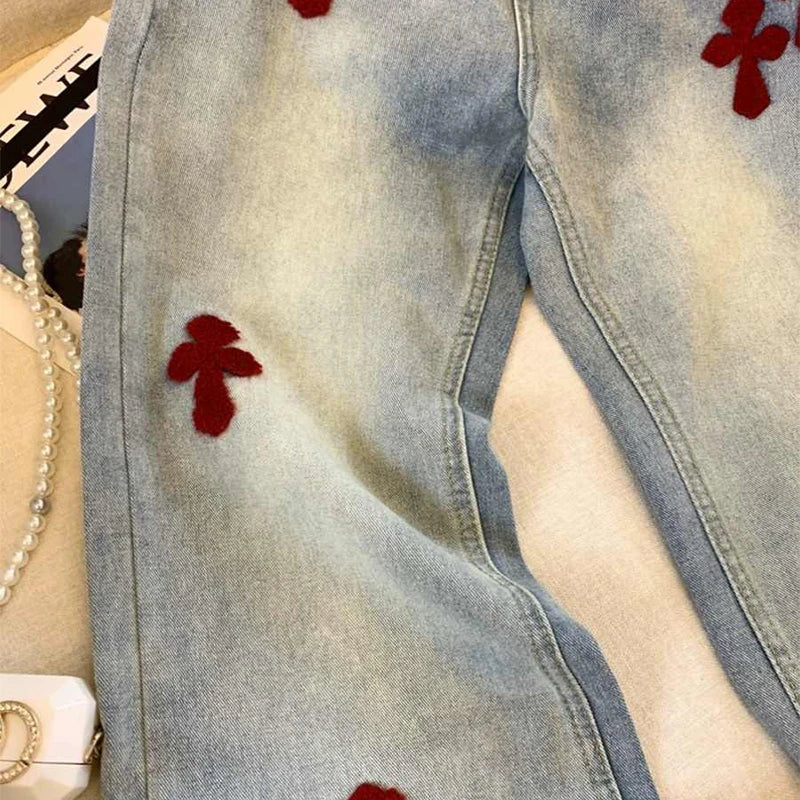 New Lady's Jeans Embroidered Pattern Women's Jeans Spring And Summer Edition Washed High Waist Wide Leg Straight Leg Floor Pants