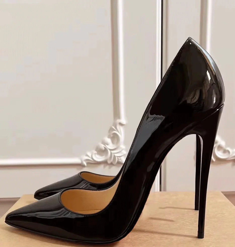 Veowalk Women Glossy Black Patent 12cm Pointy Toe Shallow Stiletto Pumps Classic Elegant OL Ladies Slip on High Heel Dress Shoes