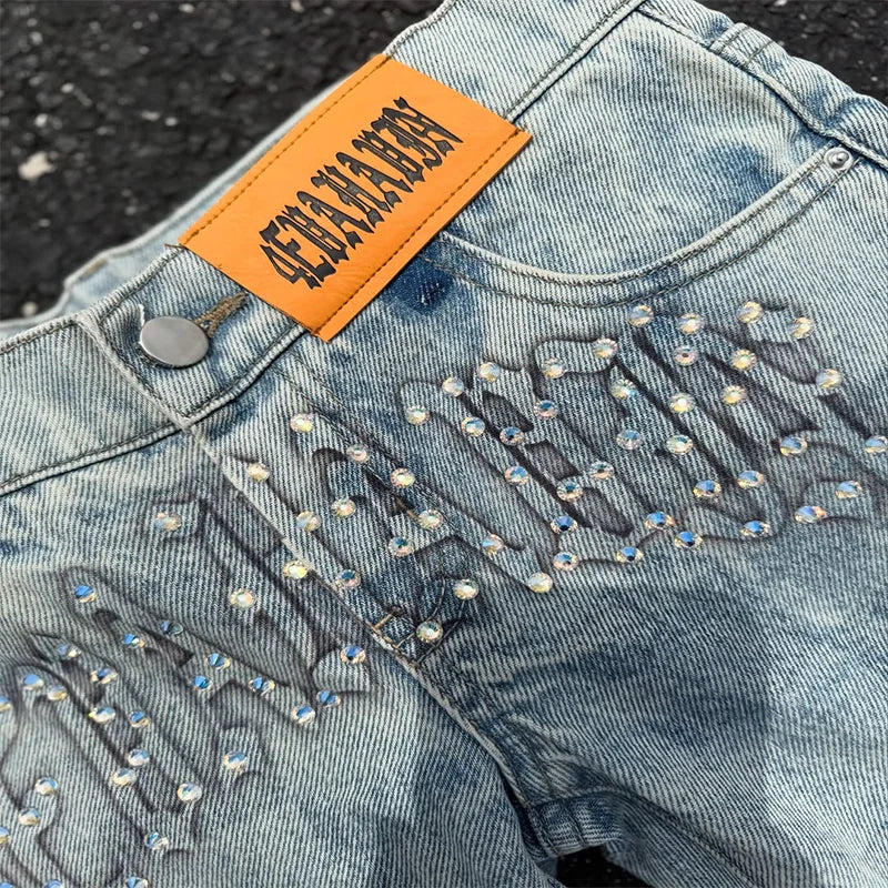 Summer Fashion Diamond Studded Light Blue High Waist Slimming Denim Shorts Y2K Hip Hop Gothic Women Casual Trend Streetwear New