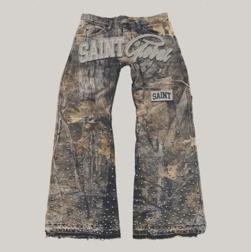 American-style classic style leopard letter rivet straight jeans men and women summer retro punk rock low waist wide-leg pants