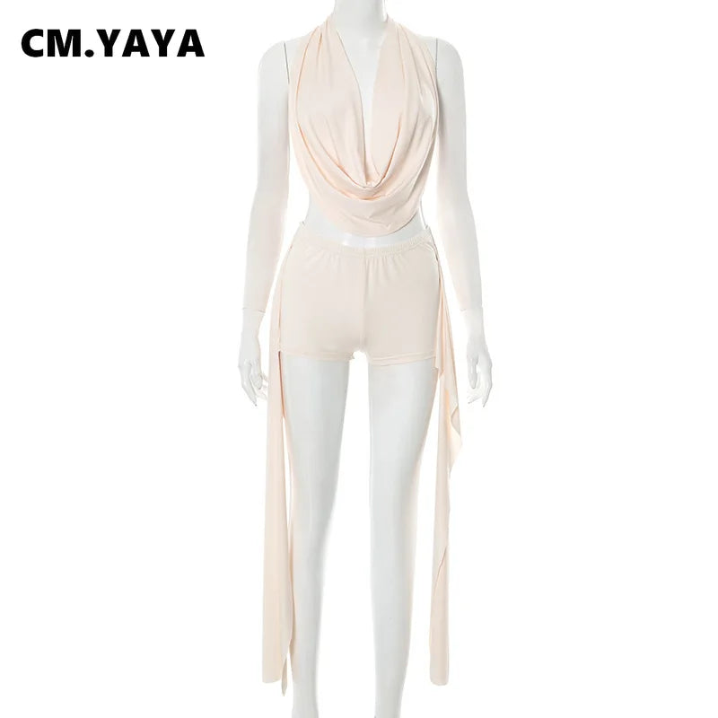 CM.YAYA Women's Set Backless Sleeveless Halter Tops and Ribbon Shorts 2025 Summer Sexy Party Street Two 2 Piece Sets Outfits