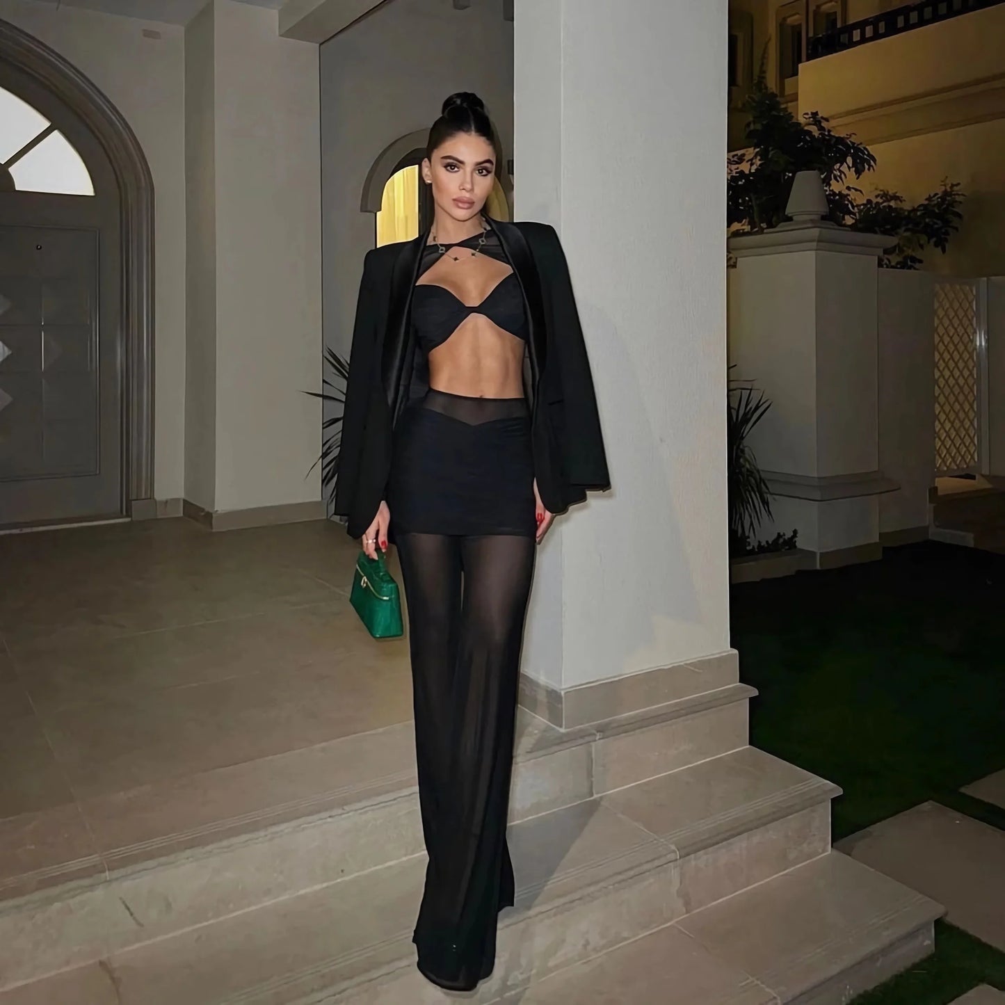 Long sleeves two-piece Dress Suit Women Y2K Tees Short Bra See Through Mesh Maxi Skirt Set Lady Long dress Suits Women Outfit