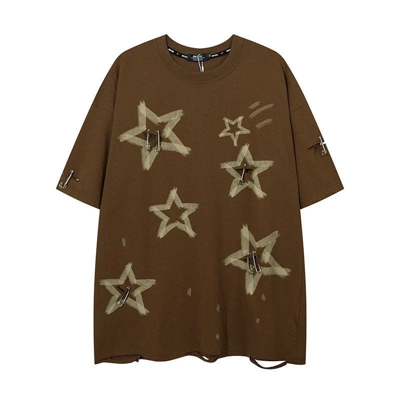 Fashion High Street Oversized Hip Hop T Shirts Streetwear Ripped Tees Star Printed Loose Fit Short Sleeve Tops Tshirt